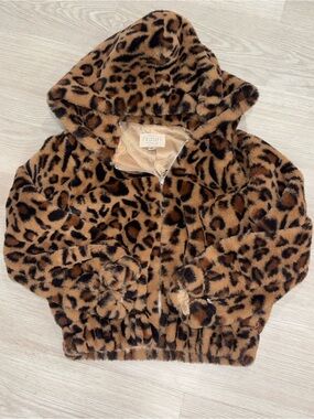 Hannah Banana Girls Leopard Print Faux Fur Hooded Bomber Jacket - Size 6X